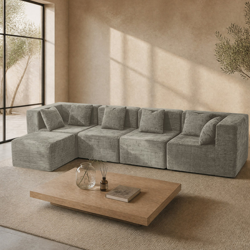 Canapé modulaire en chenille désossé de 130 po avec repose-pieds Horgan, canapé modulaire en mousse à compression, siège profond sans assemblage