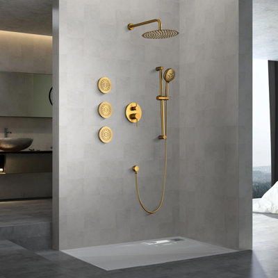 12 Inch Slide Bar Shower System,round Shower Sets Complete Rain Shower Head And 3-spray Handheld Combo,wall Mounted