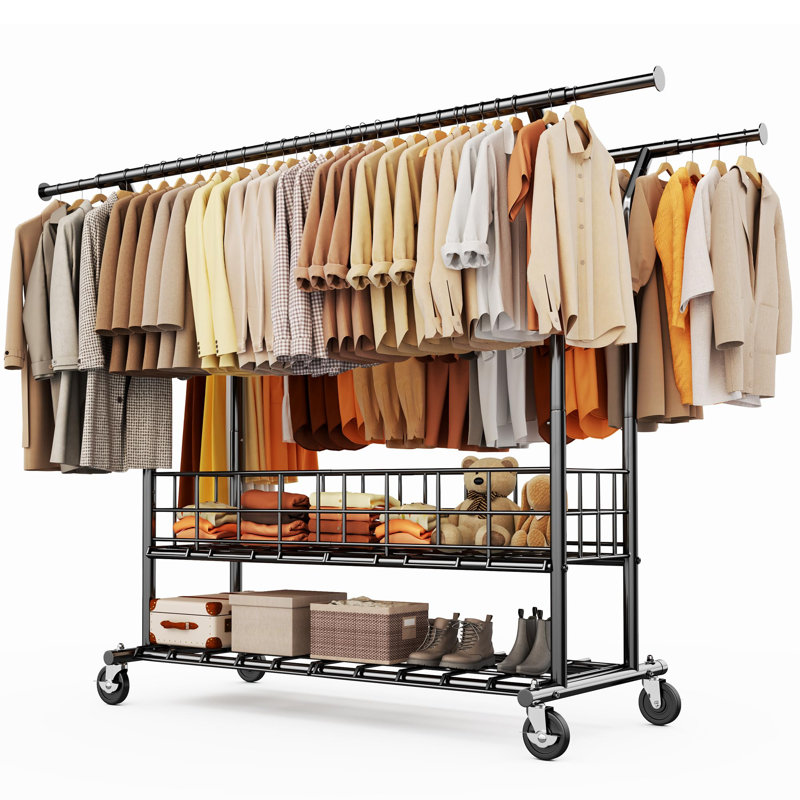 Double Rail Clothes Rack on Wheels, 283kg(625lbs) Capacity, with Mesh Storage Basket & Bottom Shelf, Black