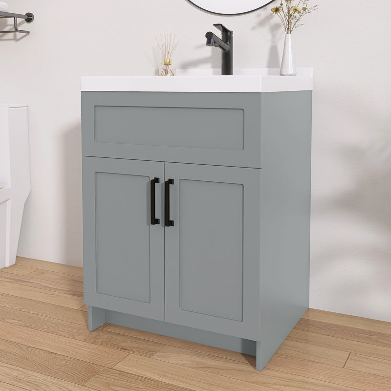 Meuble-lavabo de 24 po sans lavabo supérieur, base d'armoire seulement, armoire de rangement pour salle de bain à 2 portes, eau, résistant aux taches, gris, non assemblé