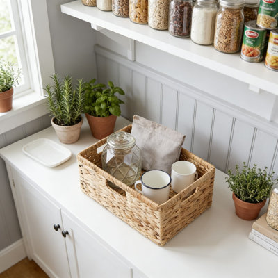 Paniers de rangement en osier avec poignées, bacs de rangement tissés imperméables pour tablettes, conception en rotin de plastique durable pour garde-manger, salle de bain et décoration intérieure