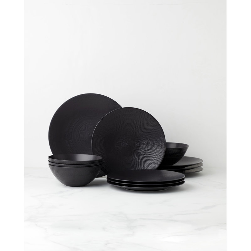 Black Ribbed Porcelain 12-Piece Dinnerware Set