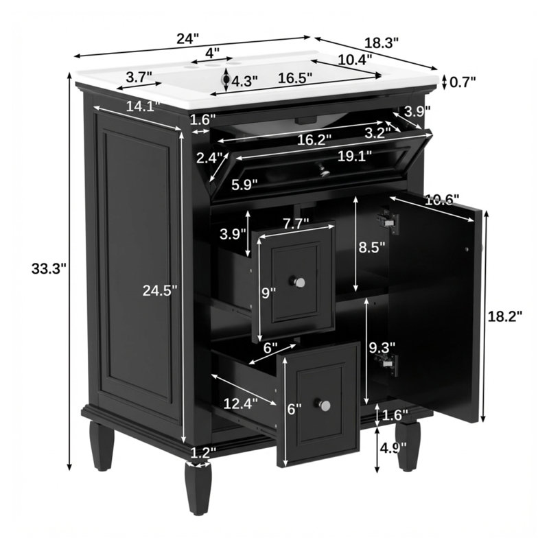 Meuble-lavabo simple 24 po avec lavabo, Noir