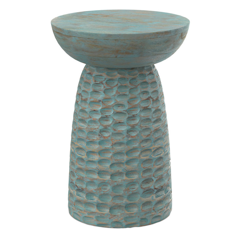 Table de bout ronde 18 po en bois massif bleu sarcelle patiné