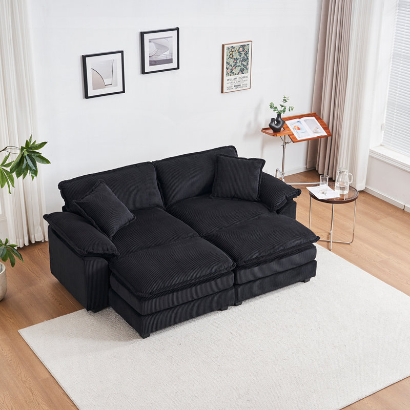 Canapé en velours côtelé 2 places avec 4 coussins et 2 repose-pieds confortables, Black