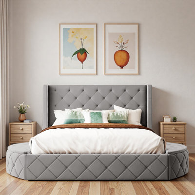 Lit plateforme tapissier avec tête de lit à oreilles, 1 grand tiroir et 2 tabourets de rangement latéraux