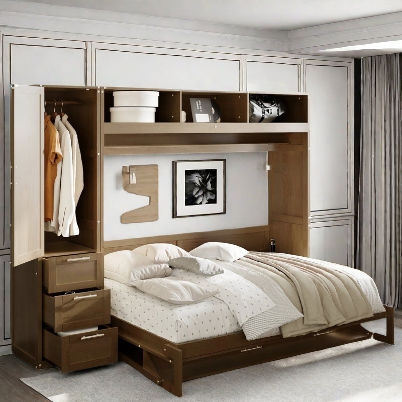 Lit escamotable avec garde-robe, tiroirs et tablettes ouvertes Andrews
