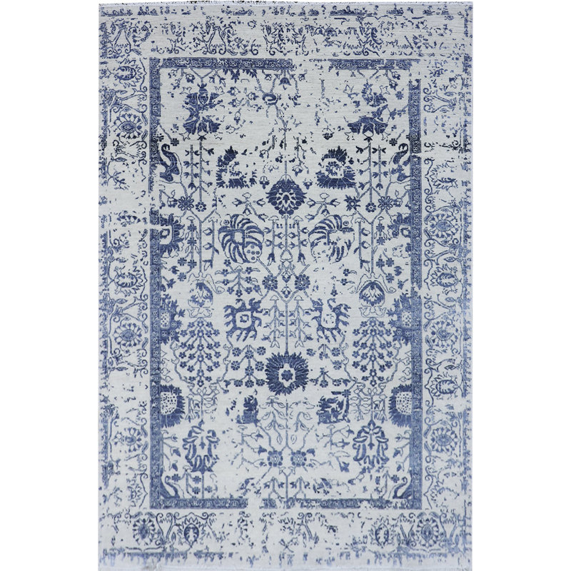 Tapis ivoire et gris noué à la main de haute qualité, Rectangle de 5 pi x 8 pi