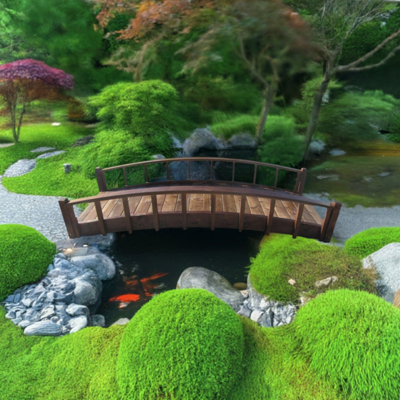 Artisan Japanese Wood Garden Bridge, 21" H x 96" W x 37" D