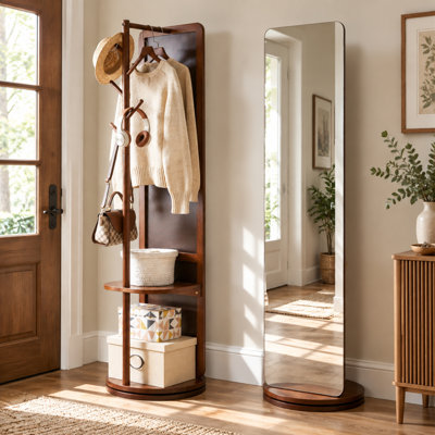 Miroir pleine longueur 70 po avec porte-manteau, miroir sur pied pivotant en bois massif, miroir de coiffeuse autoportant avec crochets pour chambre, salon et entrée