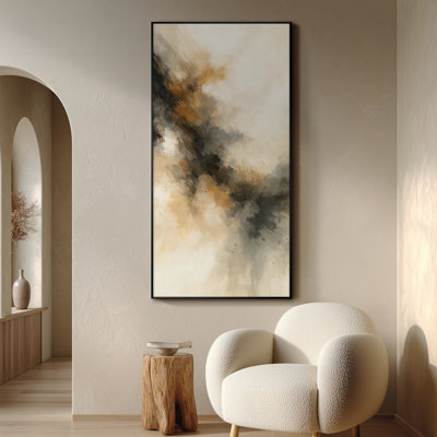 Extra Large Wall Art Fabric Print - Soft Neutral Abstract with Black and Amber Burst Artwork Decor for Living Room or Bedroom - "Frame Assembly Required (Unfinished Frame)"