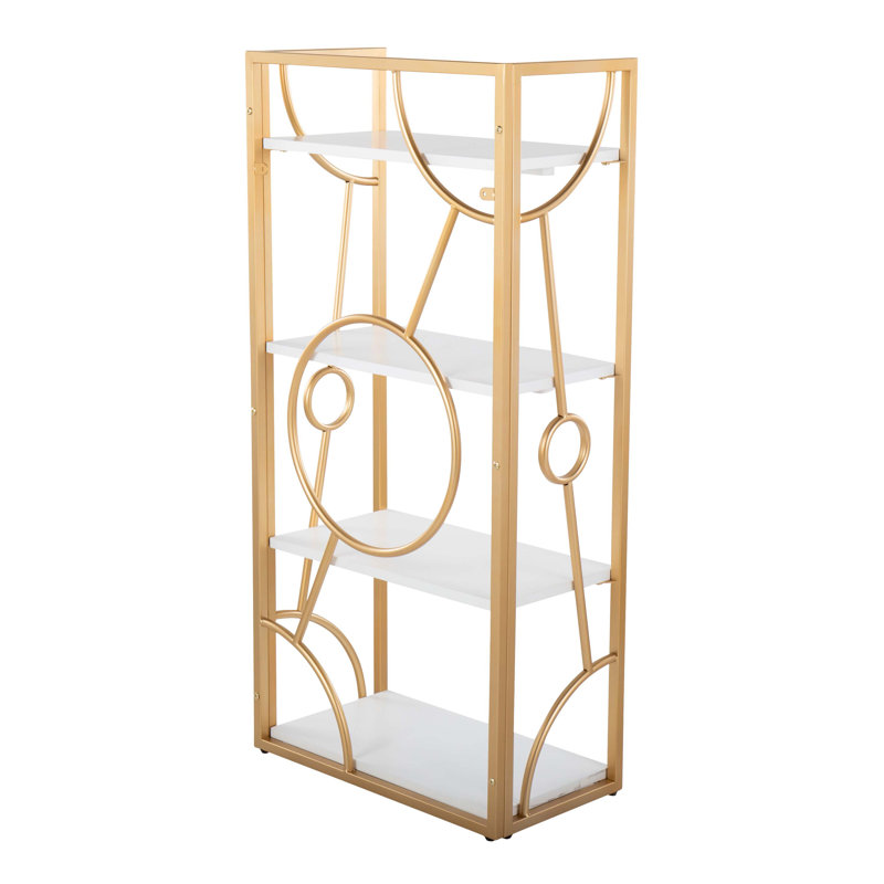 White Wood and Gold Metal Geometric 4-Tier Bookcase