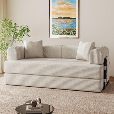 Convertible Coarser Corduroy Sleeper Sofa Bed With Cylindrical Pillow, Folding Mattress Couch With Fixed-shape Frame, Floor Sofa Lounge Couch For Livi