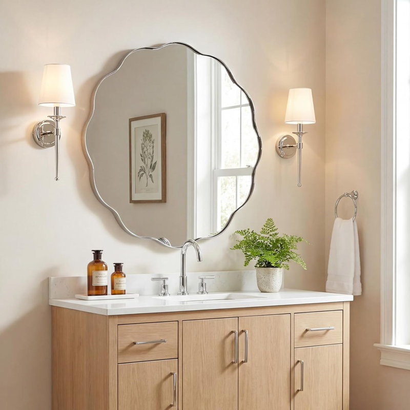 Contemporary Round Wavy Mirror Circle Bathroom Vanity Mirror | Stainless Steel Frame, Polished Chrome, 24" x 24"