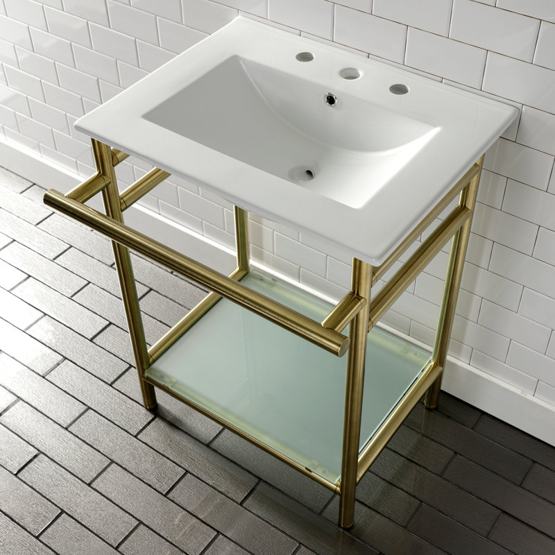 Kingston Brass Sheridan 24-Inch Ceramic Console Sink with Stainless Steel Legs and Glass Shelf (3-Hole), 8" Centers