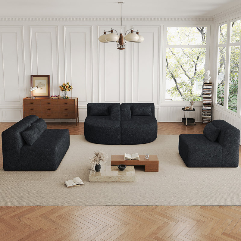 Canapé en polyester noir avec accoudoirs carrés, Noir