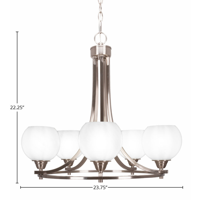 Lustre 5 lumières Paramount illustré en finition nickel brossé avec verre marbré blanc de 5,75 po