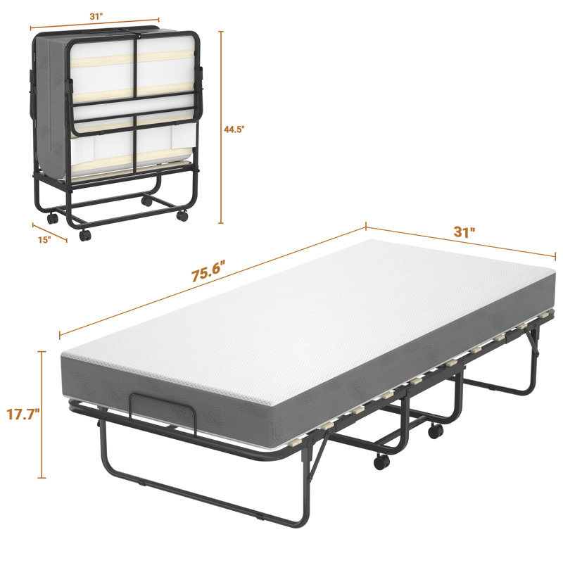Veola Folding Bed, guest bed, office rest bed with 4'' Mattress, outside bed, Metal Structure with elasticity and flexible wood slats