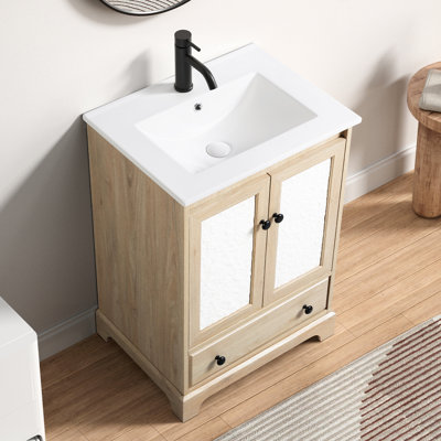 Prêt à assembler - Base de meuble-lavabo en bois de 24 po de largeur, sans lavabo, robinet, poignées ou dessus, charnières réglables à six voies et armoire florale attrayante