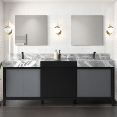 Double Bath Vanity with Castle Grey Marble Top and Gun Metal Faucet Set