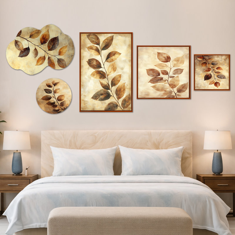 Feuilles de sépia brunes délavées I - grande décoration murale botanique, ensemble d'art mural en métal et toile encadrée de 5 (100 po x 40 po)