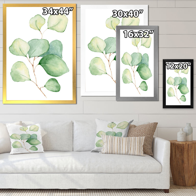 Délicates feuilles d'eucalyptus - Peinture sur toile, H 32 po x l 24 po, Cadre photo noir