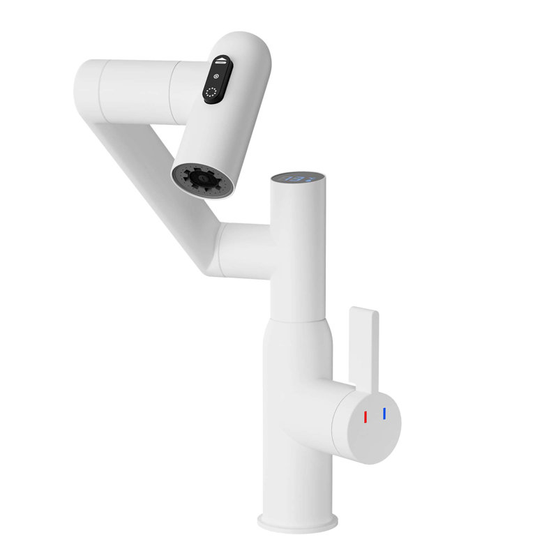 Bathroom Sink Faucet with Spray Function and Temperature Display for Anti-Skid Switch and Hot & Cold and 360° Rotary, White