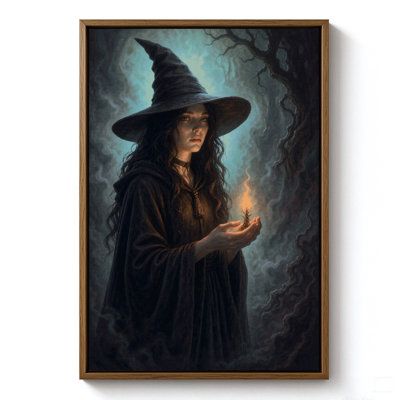 Sorcière d'Halloween préparant une potion lumineuse, tableau sur toile encadré, cadre brun, 50 x 75 cm
