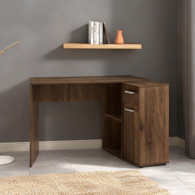 Corner Home Office L-Shaped Computer Desk with Storage Drawers, Cabinet, and Cubbies, 46-inch, Particle Board, Brown-Toned Walnut Laminate Finish, Contemporary Modern