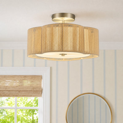 13" 3-Light Fabric Semi Flush Mount Ceiling Light in Brushed Nickel