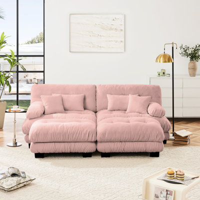 Canapé-lit 2 places en chenille rose avec coussins lombaires, coussins décoratifs et repose-pieds - conception exquise, appui-tête confortable