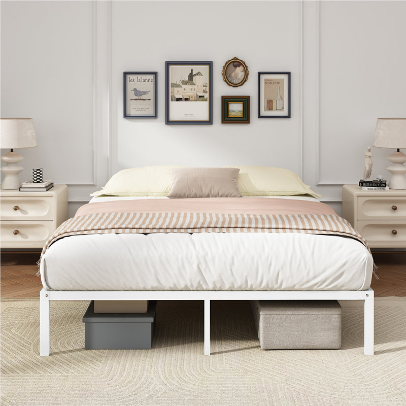 Base de lit plateforme en métal, Blanc, Lit double
