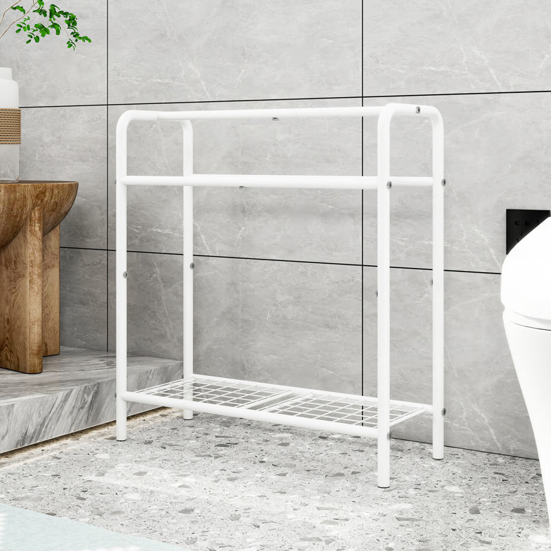 Porte-serviettes en métal à 3 niveaux, porte-serviettes autoportant pour la salle de bain, économise de l'espace avec rangement, présentoir pour la chambre à coucher, la salle de bain, la piscine, blanc