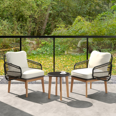 3 Piece Patio Chair Set Wicker Chair & Side Table Set w/ Soft Cushions & Tempered Glass Tabletop