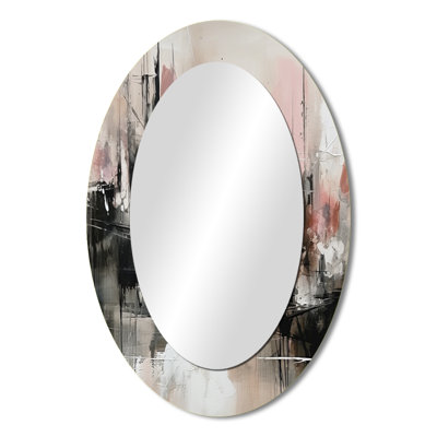 Pink Black Minimalims Fludity I - Abstract Oval Decorative Mirror On Metal