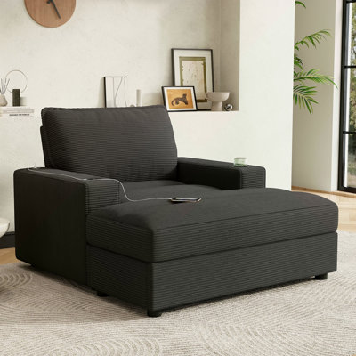 Méridienne surdimensionnée de 42,8 po avec repose-pieds avec rangement, canapé-lit en velours côtelé avec porte-gobelets et port de charge USB, fauteuil-lit rembourré, canapé à lecture profonde pour salon, chambre à coucher
