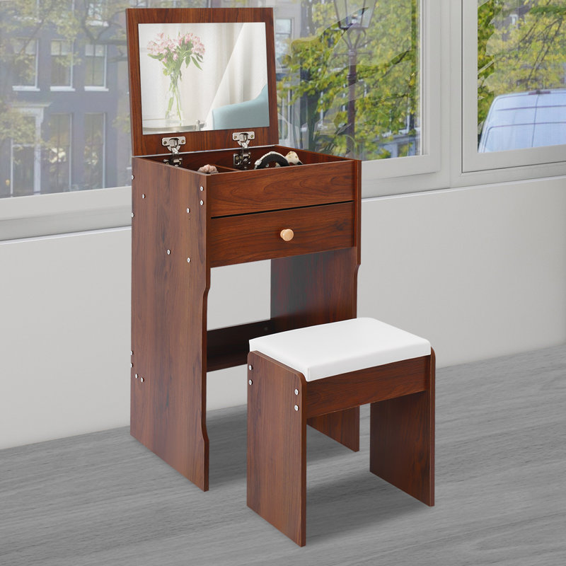 Table de coiffeuse avec miroir et tabouret, Brun