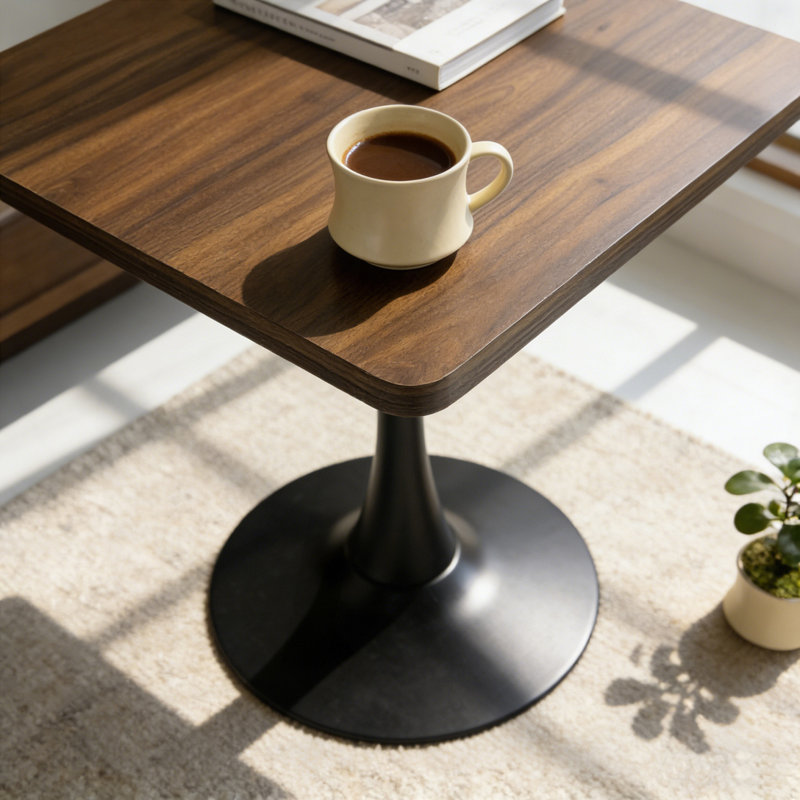 Table tulipe carrée 27,6 po - Bord épaissi, piédestal en métal, style Mid-Century moderne (noyer)