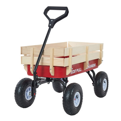 Pull-Along Wagon for Kids, 39 inch Toddler Wagons with Wooden Panels & Handle, Supports up to 330 lbs, All-Terrain Utility Wagon Cart Birthday Present for Kids Gardening Beach, Red