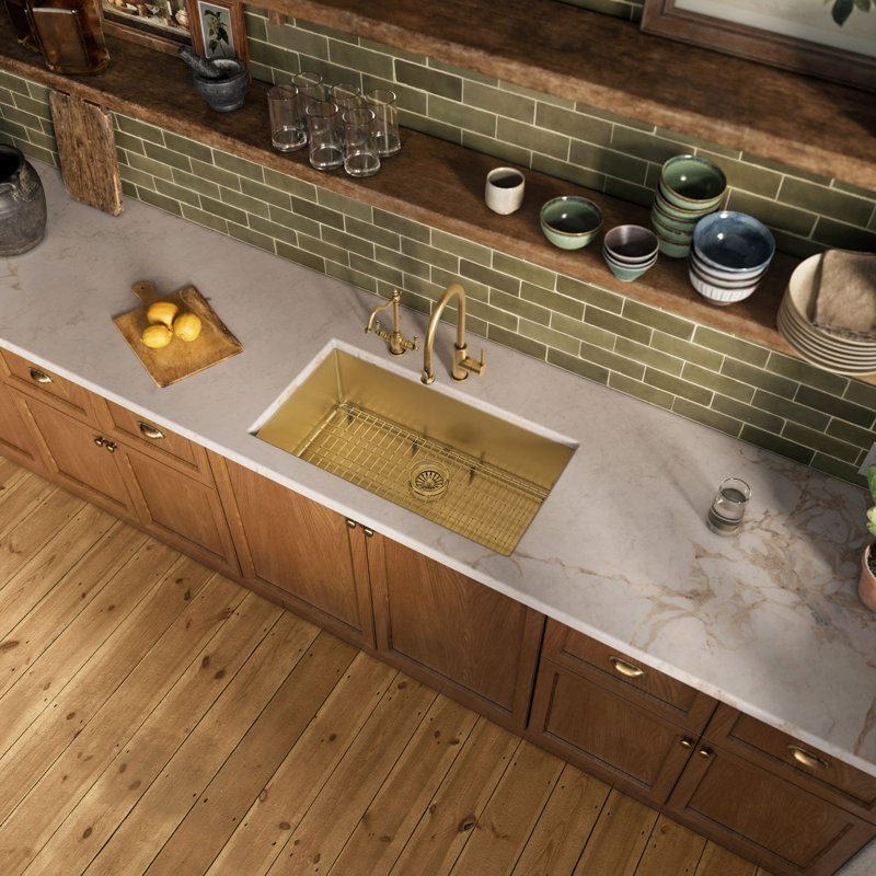 Noah Plus 33" L x 18" W Dual Mount Kitchen Sink with Basket Strainer, Brass