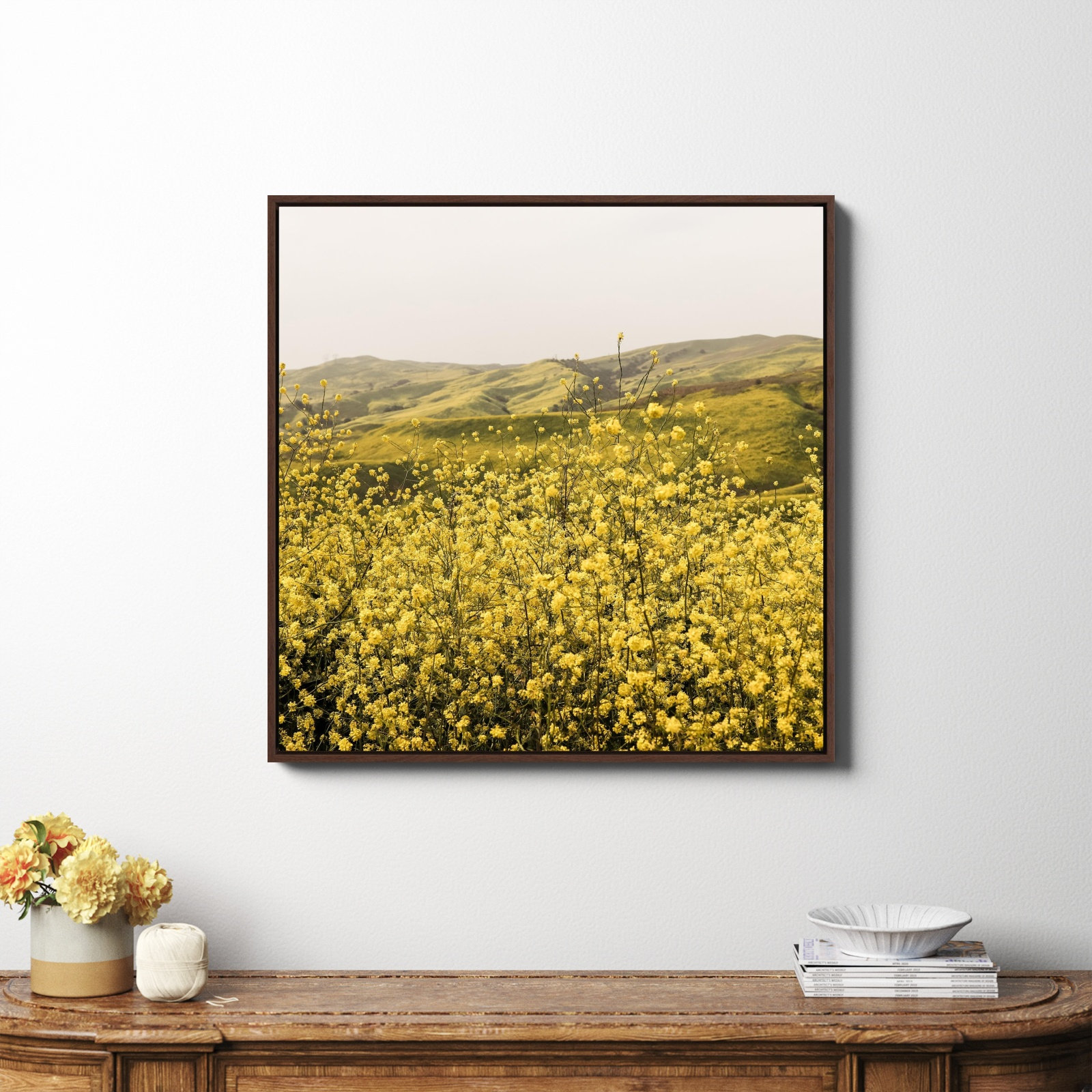 Spring Is Here Yellow Wildflowers by By Brije, 36" H x 36" W x 2" D, Mahogany Framed Canvas, No