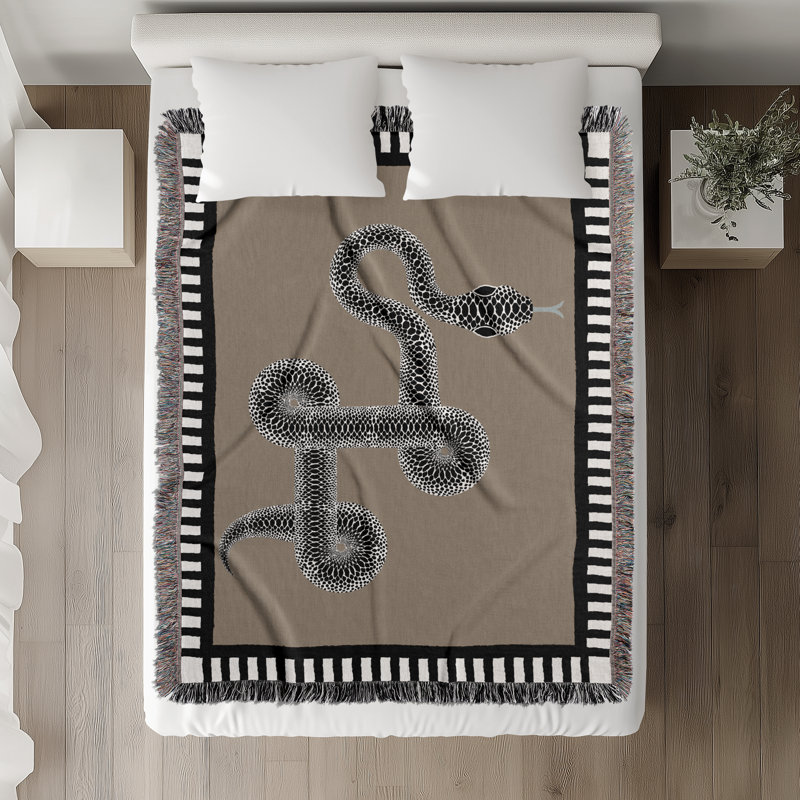 Jeté en mélange de coton Vanjo Snake, Beige / noir / blanc cassé, L 60 po x l 60 po