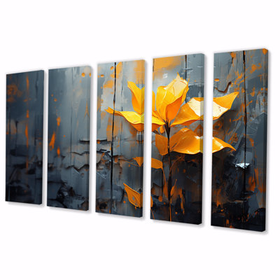 «Tropicale jaune et gris» - ensemble d'art mural 5 pièces Collages abstraits