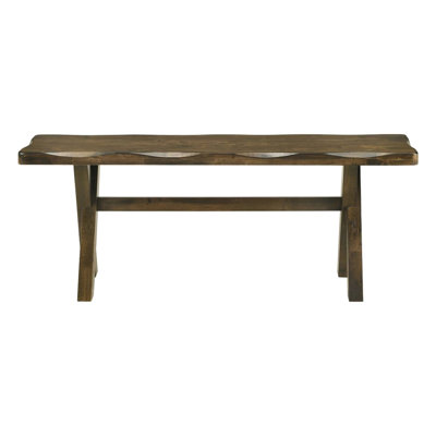 Banc de salle à manger en bois d'hévéa massif de 47 pouces avec finition noyer muscade, siège profilé lisse, bords usés et base à tréteaux pour des pièces rustiques à décor intemporel