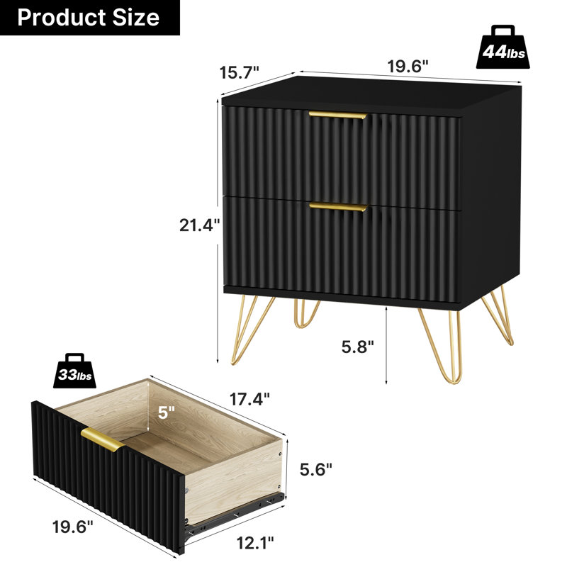 Fluted Nightstand With 2 Drawers, Black