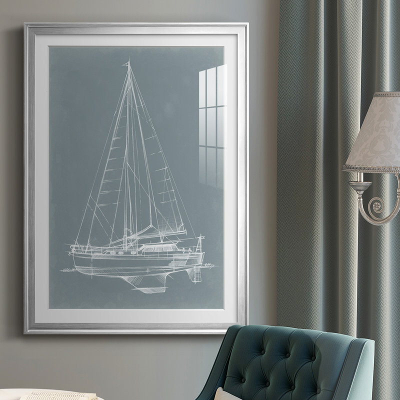 Yacht Sketches I - Impression de cadre photo unique sur papier, Argent, H 30,5 po x l 22,5 po x P 1 po