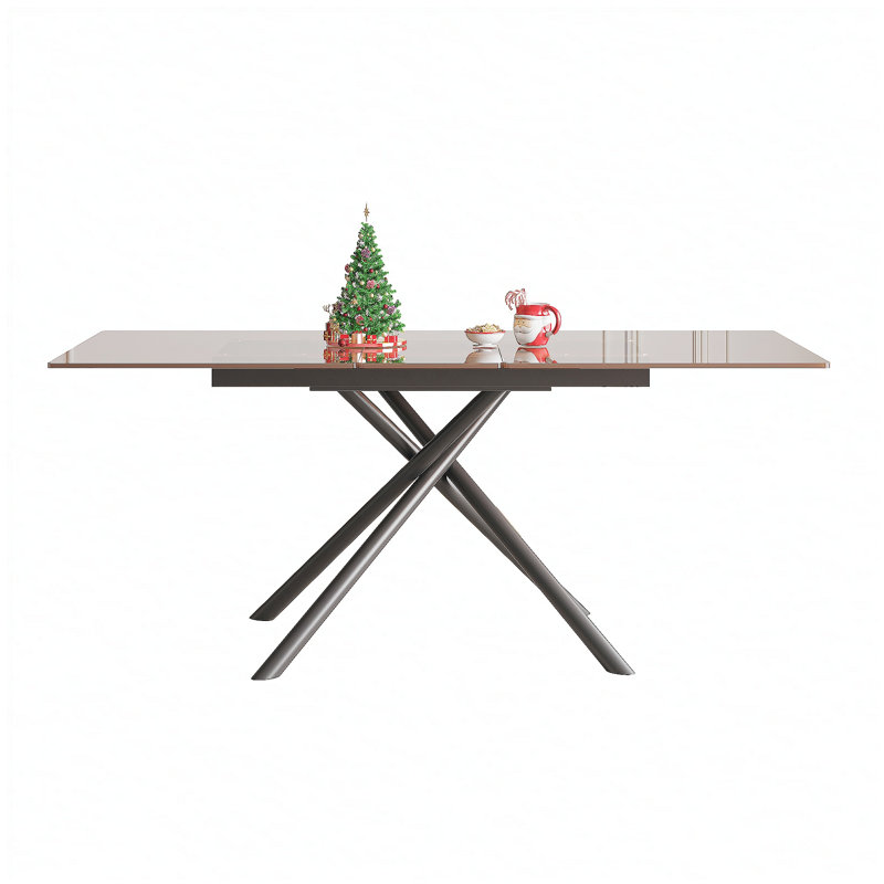 59-inch Modern Rectangle Expandable Dining Table with Retractable Leaf, Black Sandblasted Glass Top & Carbon Steel X-Base, Sturdy 4-6 Person Table for Small Spaces