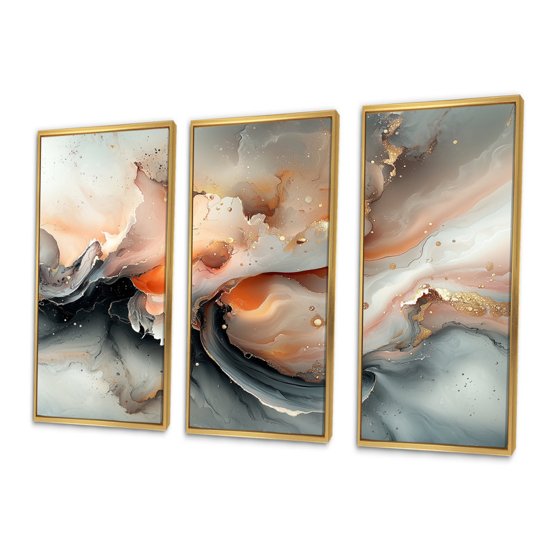 Abstract Geode Grey Marble River Shape I - Marble Wall Wall Art Set, Gold Floater Framed Canvas, 32" H x 48" W x 1" D