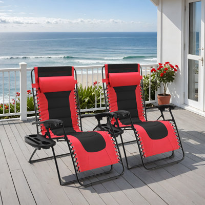 Padded Zero Gravity Chair, Set Of 2 Foldable Outdoor Patio Recliner, Anti Gravity Adjustable Lounger W/removable Pillows And Cup Holder Side Tables, 3