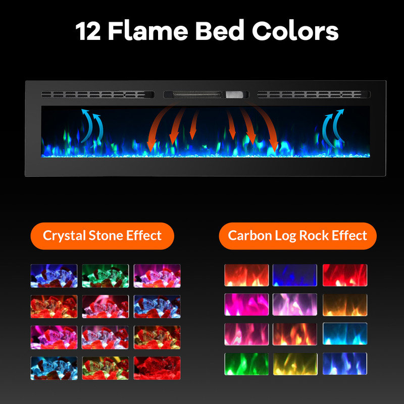Electric Fireplace in-Wall Recessed, 60" Wall Mounted with Remote Control, 750/1500 W Heater